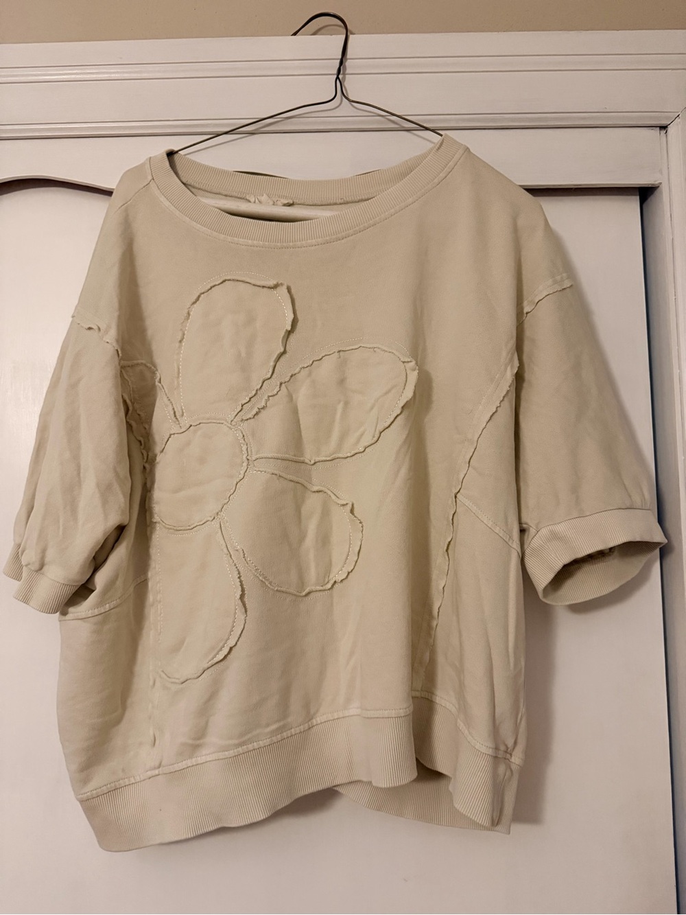 easel Cream Short-Sleeve Floral Appliqué Top
